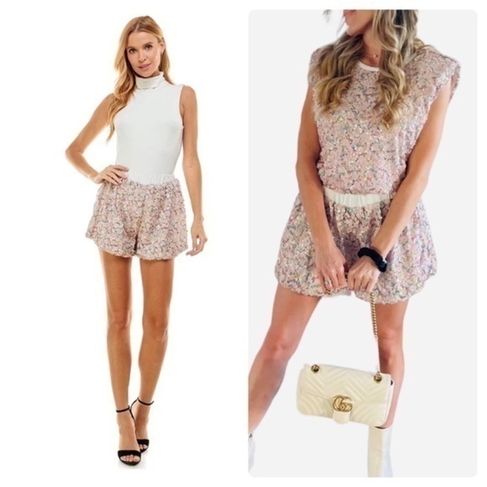 TCEC Set Life of the Party Sequin Top Bodysuit & Bubble Shorts